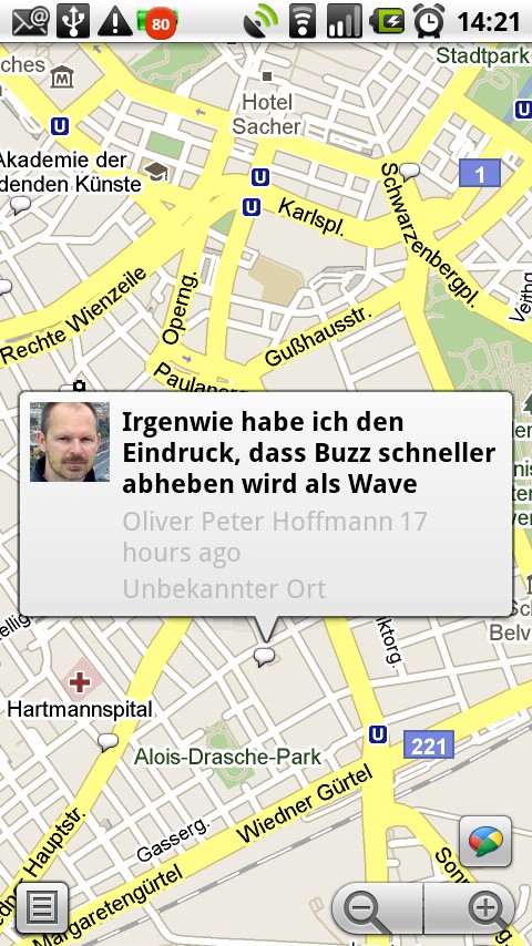 Das mobile Google Maps bietet nun einen eigenen Buzz-Layer der aktuelle Nachrichten samt ihrem Herkunftsort auf der Karte einblendet.