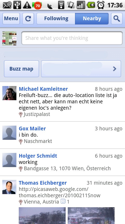 Dank Geolokalisierung lassen sich auch Buzzes aus der Umgebung anzeigen, dies funktioniert auch ohne eingeloggt zu sein / Buzz aktiv zu nutzen.