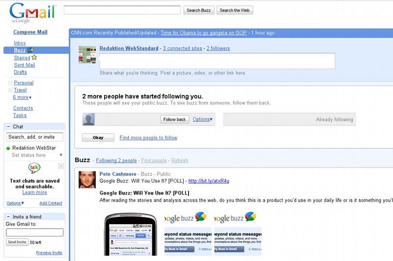 Das Interface von Google Buzz wurde direkt in GMail eingebaut. Wer das Service nach dem Ausprobieren nicht mehr will, kann Buzz übrigens mit einem Klick am unteren Ende der GMail-Seite deaktivieren. Da dabei aber die Follower/Following-Liste nicht gelöscht werden, will Google in Kürze ein vollständiges Löschen aller Buzz-Daten über die GMail-Einstellungen erlauben.
