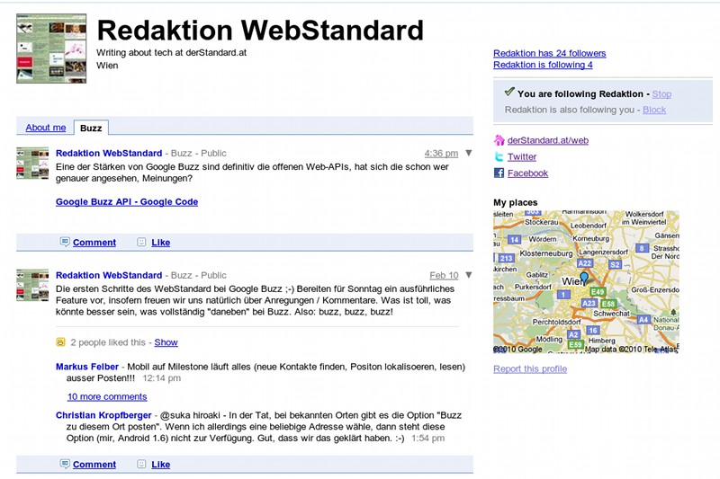 Buzz nutzt die "Google Profile"-Seite um aktuelle Nachrichten öffentlich zu machen, sicherlich eine starke Aufwertung für das schon einige Zeit existierende Service.