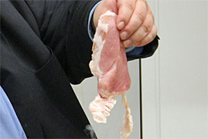 So sieht ein Stück Schweinsschnitzel aus, dessen Ende kurz in flüssigen Stickstoff getaucht wurde.