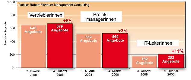 Die Gewinner im Quartalsvergleich (3. /4. Quartal 2008) In einem Quartal, in dem die Gesamtnachfrage nach IT-Fachpersonal um fünf Prozent geschrumpft ist, hat gewonnen, wer nicht verloren hat. Die größten Gewinner-Segmente: Vertriebler, Projektmanager und IT-Leiter.