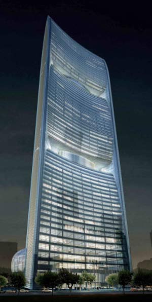 Artikelbild: Windturbinen und Brennstoffzellen sollen den Pearl River Tower von Energielieferungen unabhängig machen.  - Foto: SOM/Crystal CG