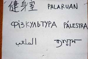 Einige der gängigsten Sprachen, die an der Pisacane-Schule gesprochen werden, am Beispiel des italienischen Begriffes "palestra" (Turnhalle): Chinesisch, Russisch, Arabisch und so weiter ... Einige der gängigsten Sprachen, die an der Pisacane-Schule gesprochen werden, am Beispiel des italienischen Begriffes "palestra" (Turnhalle): Chinesisch, Russisch, Arabisch und so weiter ...