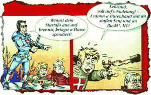 Artikelbild:  während der FP-Comic scheinbar witzig über "Mustafa"
herzieht. - Grafik: FPÖ