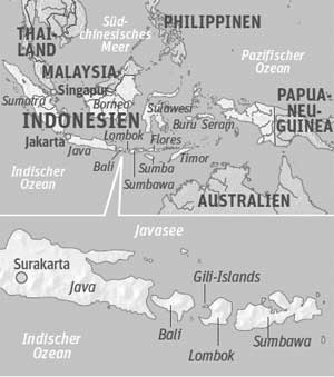Anreise und Unterkunft:
Gut und billig mit Katar Airways über Bali, von dort ab Benoa Harbour
(oder Padangbai) mit dem Boot nach Lombok und zu den Gili Islands. Auf
Gili Air ist Gili Air Satay eine
empfehlenswerte Unterkunft. Anreise und Unterkunft:
Gut und billig mit Katar Airways über Bali, von dort ab Benoa Harbour
(oder Padangbai) mit dem Boot nach Lombok und zu den Gili Islands. Auf
Gili Air ist Gili Air Satay eine
empfehlenswerte Unterkunft.