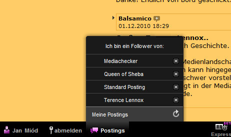 Screenshot 2: Die Liste der UserInnen, denen man folgt, erscheint unten in der schwarzen Leiste