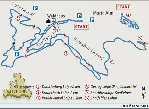 Loipen in Maria Alm:

Krallerwinkl-Loipen: vier, sieben, neun, 
zehn und zwölf Kilometer; schwer
Gastegloipe: zwei Kilometer, 
Flutlicht; leicht
Anschlussloipe zum Loipennetz Saalfelden:
 drei Kilometer; leicht

Loipen in der Umgebung:

Hochkönig-Loipe
 auf dem Dientener Sattel: sieben bzw. neun Kilometer; mittel
Hochkönig-Loipe
 Hinterthal: vier Kilometer; mittel
Übungsloipe Hinterthal: 3 
Kilometer; leicht

Loipenplan ohne Maßstab, Ausrüstungsverleih 
vorhanden 