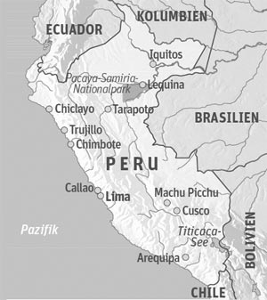 Anreise & Unterkunft
Lage: Iquitos liegt im Nordosten Perus und ist nur per Flugzeug oder Boot erreichbar. Von dort geht es mit kleinen Taxibooten ins Pacaya-Samiria-Nationalreservat. Für Freunde des Luxus lässt sich das Reservat auf einer Kreuzfahrt entdecken. Besonders mondän und elegant geht es auf den Schiffen von Delfin Amazon Cruises zu.
Allgemeine Informationen: www.peru.info
Anreise: Nach Iquitos ab Wien mit Iberia, mit Lan Peru via Madrid und Lima oder mit KLM und Lan Peru via Amsterdam und Lima. Anreise & Unterkunft
Lage: Iquitos liegt im Nordosten Perus und ist nur per Flugzeug oder Boot erreichbar. Von dort geht es mit kleinen Taxibooten ins Pacaya-Samiria-Nationalreservat. Für Freunde des Luxus lässt sich das Reservat auf einer Kreuzfahrt entdecken. Besonders mondän und elegant geht es auf den Schiffen von Delfin Amazon Cruises zu.
Allgemeine Informationen: www.peru.info
Anreise: Nach Iquitos ab Wien mit Iberia, mit Lan Peru via Madrid und Lima oder mit KLM und Lan Peru via Amsterdam und Lima.