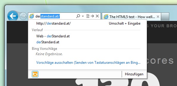 Die Onebox für URL- und Suchfenster zusammen, aufgrund der Design-Entscheidung, die Tabs direkt daneben zu platzieren, kann das schon mal recht eng werden.