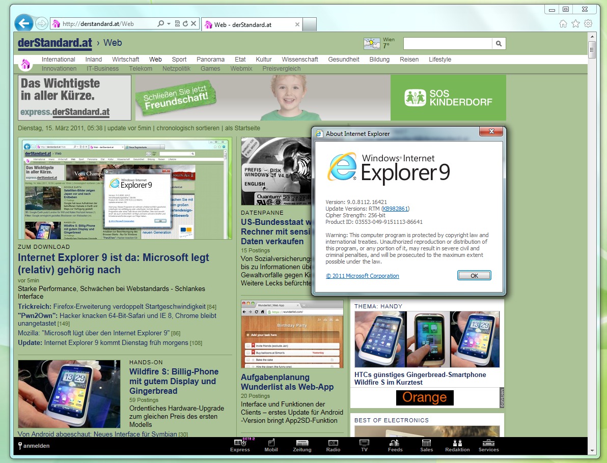 Der Internet Explorer 9, sofort fällt das deutlich reduzierte Interface auf.