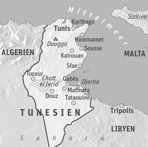 Reiseinfos Tunesien
Aufgrund der derzeitigen Situation sollten
laut österreichischem Außenministerium Reisen bis auf Weiteres auf die
Hauptstadt Tunis und die Touristenorte an der Küste einschließlich
Djerba beschränkt bleiben.
Dort befinden sich auch
viele Sehenswürdigkeiten einschließlich der Ruinen von Karthago und des
Künstlerdorfs Sidi Bou Said.
Tunis Air fliegt sonntags und
donnerstags von Wien nach Tunis.
Pauschalangebote
ab 355 Euro für das Hotel Sindbad bei Tui. Reiseinfos Tunesien
Aufgrund der derzeitigen Situation sollten
laut österreichischem Außenministerium Reisen bis auf Weiteres auf die
Hauptstadt Tunis und die Touristenorte an der Küste einschließlich
Djerba beschränkt bleiben.
Dort befinden sich auch
viele Sehenswürdigkeiten einschließlich der Ruinen von Karthago und des
Künstlerdorfs Sidi Bou Said.
Tunis Air fliegt sonntags und
donnerstags von Wien nach Tunis.
Pauschalangebote
ab 355 Euro für das Hotel Sindbad bei Tui.