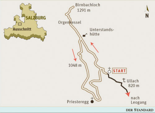 Gesamtgehzeit 3¼ Stunden, Höhendifferenz rund 450 Meter. Gasthaus in Priesteregg. ÖK25V Blatt 3215-West (Lofer), Maßstab 1:25.000.