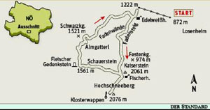 Gesamtgehzeit 5½ Stunden, Höhenunterschied knapp 900 Meter. Fischerhütte während der Betriebszeiten der Zahnradbahn (Anfang Mai bis Ende Oktober) durchgehend bewirtschaftet.
ÖK25V Blatt 4212-West (Schneeberg und Rax), Maßstab 1:25.000; Freytag & Berndt Atlas Wiener Hausberge, 1:50.000. Gesamtgehzeit 5½ Stunden, Höhenunterschied knapp 900 Meter. Fischerhütte während der Betriebszeiten der Zahnradbahn (Anfang Mai bis Ende Oktober) durchgehend bewirtschaftet.
ÖK25V Blatt 4212-West (Schneeberg und Rax), Maßstab 1:25.000; Freytag & Berndt Atlas Wiener Hausberge, 1:50.000.