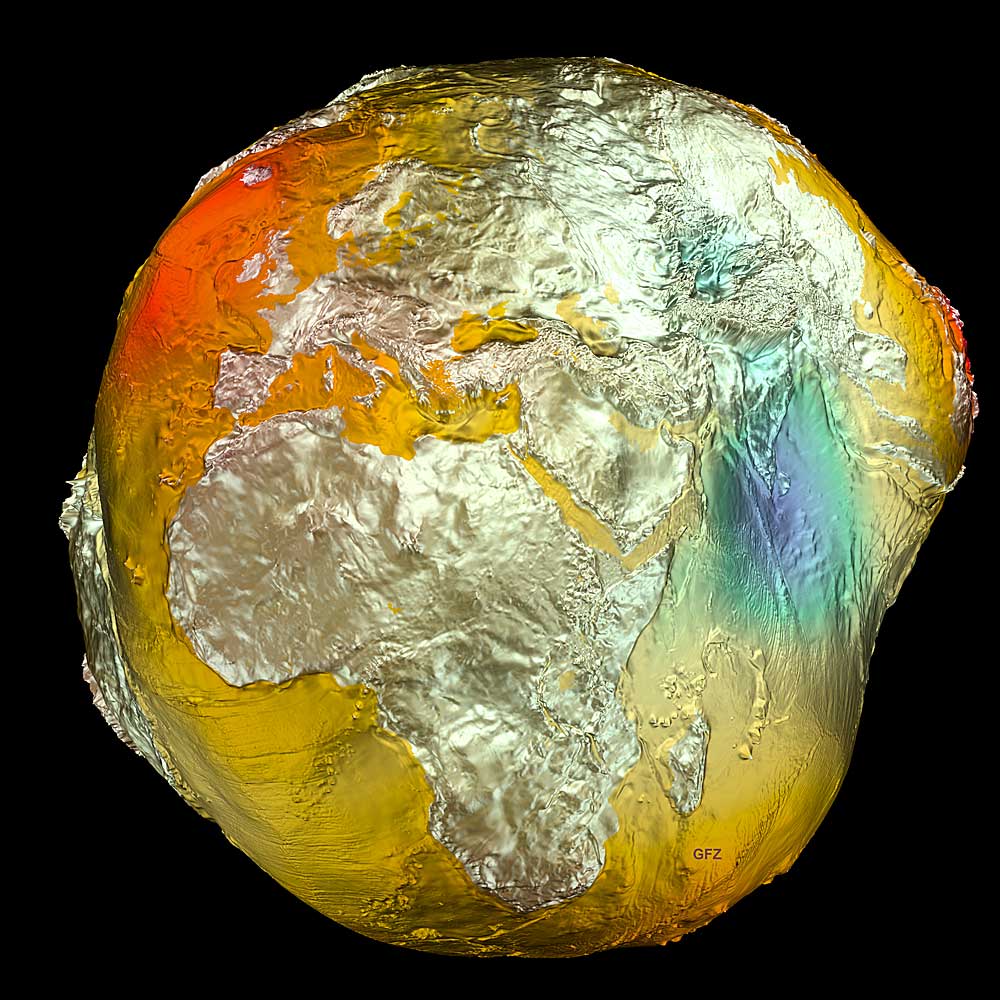 Geoid 2011, erstellt auf Basis von Daten der Satelliten LAGEOS, GRACE und GOCE sowie Oberflächendaten aus Fluggravimetrie und Satelliten-Altimetrie