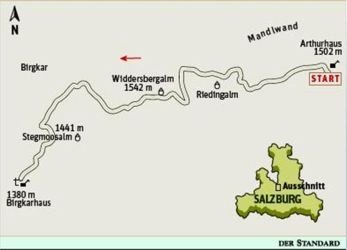 Gesamtgehzeit 3¾ Stunden, Höhenunterschied im Aufstieg rund 200 Meter, im Abstieg 400 Meter. Vierhütten in der Saison bewirtschaftet. ÖK25V Blatt 3216-West (Hochkönig), Maßstab 1:25.000 
