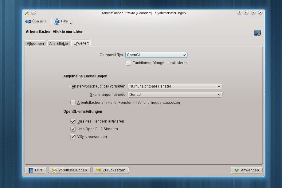Eine der - gerade langfristig - wichtigsten Neuerungen ist die Unterstützung von OpenGL2 / OpenGL ES 2.0 beim Fenstermanager KWin.