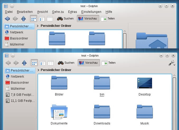 Von Haus aus entfernt Dolphin nun die Menüzeile und zeigt die Seitenspalte nur optional an, zum Vergleich oben das alte und unten das neue Layout.