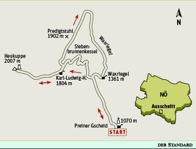 Gesamtgehzeit 5¾ Stunden, Höhendifferenz 1000 Meter.Karl-Ludwig-Haus bis 15. November, Waxriegelhaus durchgehend geöffnet.ÖK25V Blatt 4212-West (Schneeberg und Rax), Maßstab 1:25.000; Freytag & Berndt Atlas Wiener Hausberge, Maßstab 1:50.000. Gesamtgehzeit 5¾ Stunden, Höhendifferenz 1000 Meter.Karl-Ludwig-Haus bis 15. November, Waxriegelhaus durchgehend geöffnet.ÖK25V Blatt 4212-West (Schneeberg und Rax), Maßstab 1:25.000; Freytag & Berndt Atlas Wiener Hausberge, Maßstab 1:50.000.
