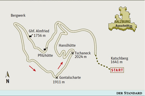 Gesamtgehzeit 3¾ Stunden, Höhendifferenz 400 Meter. Pritz- und 
Hanselhütte während der Almsaison bewirtschaftet. ÖK25V Blatt 
3229-Ost (St. Michael im Lungau), Maßstab 1:25.000