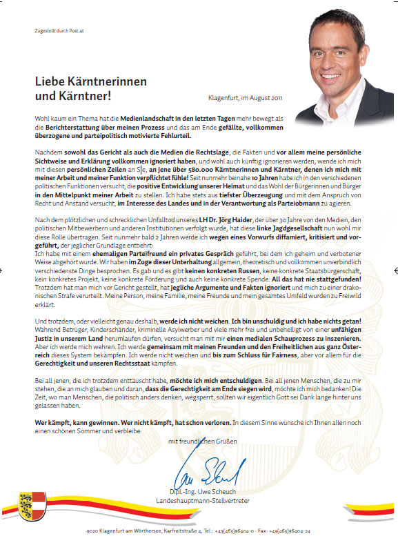 Der Brief von Uwe Scheuch an die Kärntner Bevölkerung