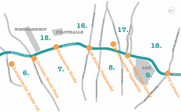 Die Plakatstandorte entlang des Gürtels von der Währingerstraße im 18. Bezirk bis zur Gumpendorferstraße in Mariahilf.