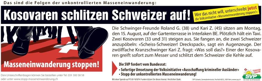 Artikelbild: Mit diesem Plakat wirbt die Schweizer Volkspartei für ein Volksbegehren gegen Massenzuwanderung. - Foto: svp