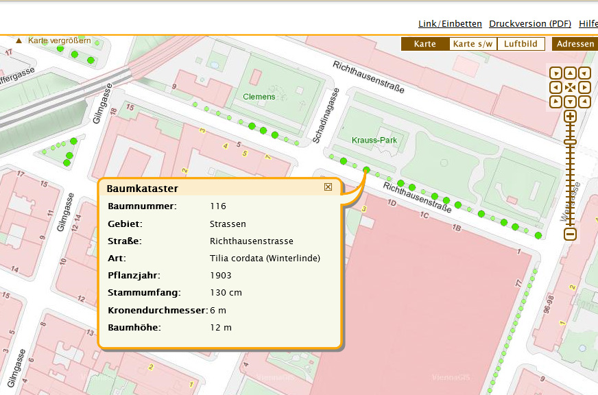 Im Online-Kataster sind alle öffentlichen Straßenbäume mit Daten über Art, Alter, Höhe und Durchmesser verzeichnet.