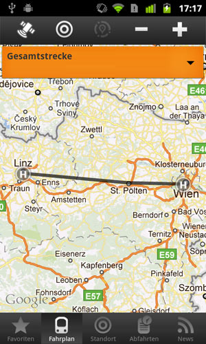 Haltestellen und Point of Interest in der Umgebung, sowie die gesamte Strecke und der Fußweg zur nächsten Haltestelle wird in Google Maps angezeigt. 