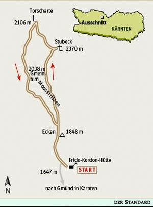 Gesamtgehzeit vier Stunden, Höhenunterschied 750 Meter. Kein Stützpunkt auf der Runde, Quelle auf der Gmeinalm, Kordon-Hütte durchgehend geöffnet. ÖK25V Blatt 3105-Ost (Millstatt), Maßstab 1:25.000. Gesamtgehzeit vier Stunden, Höhenunterschied 750 Meter. Kein Stützpunkt auf der Runde, Quelle auf der Gmeinalm, Kordon-Hütte durchgehend geöffnet. ÖK25V Blatt 3105-Ost (Millstatt), Maßstab 1:25.000.