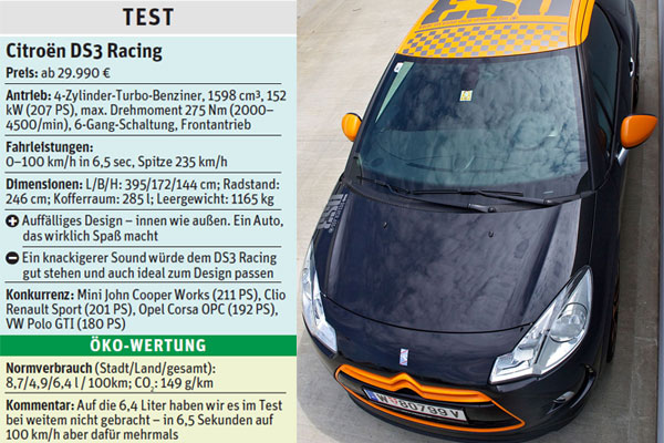 Schon optisch ist der DS3 Racing ganz eindeutig auf Sport getrimmt, und dass das nicht gelogen ist, demonstrieren die Franzosen mit einer fulminanten 207-PS- Maschine.