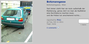 Auf Autos hinzuweisen, die auf Radstreifen parken, ist das Hauptziel des in den US-gestarteten Portals. (Das Kennzeichen des Wagens ist auf dem Originalbild klar zu erkennen.) Auf Autos hinzuweisen, die auf Radstreifen parken, ist das Hauptziel des in den US-gestarteten Portals. (Das Kennzeichen des Wagens ist auf dem Originalbild klar zu erkennen.)