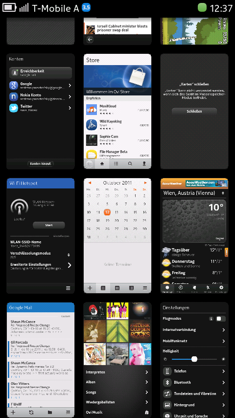 Das dritte fixe Element des MeeGo-UI ist die Übersicht aller laufenden Anwendungen. Mit einer Pinch-Geste kann hier zwischen einem 2x2 oder 3x3-Raster gewechselt werden.