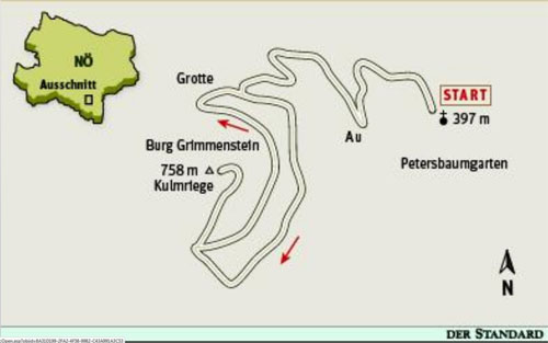 Gesamtgehzeit drei Stunden, Höhendifferenz knapp 400 Meter. Kein Stützpunkt auf der Runde, Gasthaus in Petersbaumgarten. ÖK25V Blatt 5207-West (Neunkirchen), Maßstab 1:25.000.