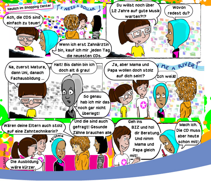 Version 1: Der Comic mit "Yasmin" - das Mädchen mit dem Kopftuch soll besser Zahntechnikerin und nicht Ärztin werden.