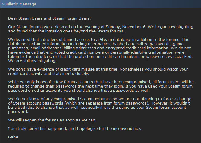 "Unsere Steam Foren wurden am Sonntag, den 6. November, angegriffen", schreibt Valve-Chef Gabe Newell. 