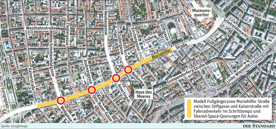 Das Modell der Fußgängerzone zwischen Stiftgasse und Kaiserstraße mit Fahrradverkehr im Schritttempo und Shared-Space-Querungen für Autos.