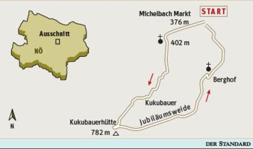 Gesamtgehzeit drei Stunden, Höhendifferenz knapp über 400 Meter. 
Kukubauerhütte (Von April bis Oktober Mittwoch bis Sonntag geöffnet; von
 November bis März an Wochenenden und Feiertagen). ÖK25V Blatt 4330-West
 (Hainfeld), Maßstab 1:25.000; Freytag &amp; Berndt Wienerwald Atlas, 
Maßstab 1:50.000