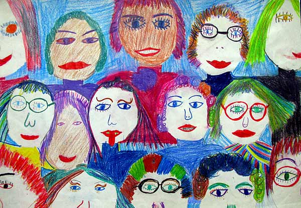 Das Mädchen-ABC der Virginia Woolf-Schule, hier im Bild der Buchstabe V: "VORNE
 IST DER VORNAME. VERONIKA, VIVIEN, VERA, VERENA, VIOLETTA, VRONI, 
VALERIE, VENUS, VIKTORIA, VIOLA, VIVI, VALENTINA, VITA UND VIRGINIA UND 
VANESSA."Copyright: Virginia Woolf Schule/Ruth Devime