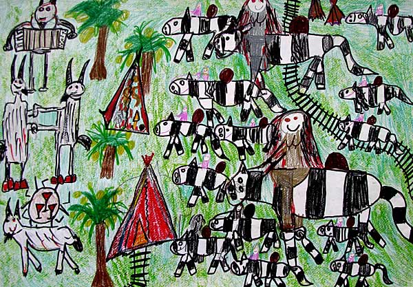 Und der Buchstabe Z: "ZWEI ZARTE AMAZONEN UND ZWANZIG ZAGHAFTE 
ZWERGINNEN ZIEHEN DURCH DIE ZEITEN. MIT IHREN ZELTEN UND ZEBRAS ZÖGERTEN
 SIE MIT DEN ZUG ZU FAHREN. AM HORIZONT SITZEN ZIEGEN UND TANZEN ZUR 
ZIEHAHARMONIKA. ZWISCHEN ZEHN UND ZWÖLF KAMEN DIE AMAZONEN UND 
ZWERGINNEN ZU DEN ZIEGEN UND ZUSAMMEN FEIERTEN SIE EINE ZEREMONIEN UNTER
 ZARTGRÜNEN ZITRONENBÄUMEN......."Copyright: Virginia Woolf Schule/Ruth Devime