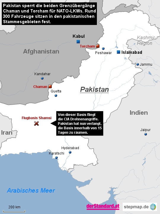 Die beiden Grenzübergänge Chaman und Torcham werden von Pakistan blockiert. Die Flugbasis Shamsi soll in den nächsten 15 Tagen von den Amerikanern geräumt werden.