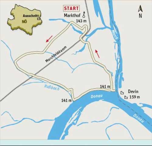 Gesamtgehzeit 2½ Stunden, unerhebliche Höhendifferenz. Keine Raststätte 
an der Strecke oder in Markthof. ÖK25V Blatt 5327-Ost (Hainburg an der 
Donau), Maßstab 1:25.000 