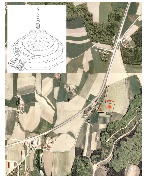 Eine Skizze des geplanten Stupa und ein Überblick, wo die Anlage gebaut werden soll. Quelle: Treff.Punkt.Gföhl