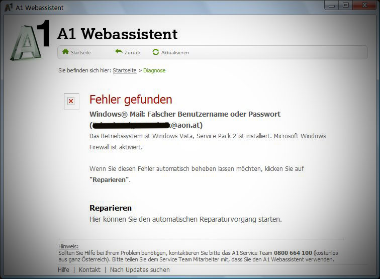 Fehlermeldung des A1-Webdienstes
