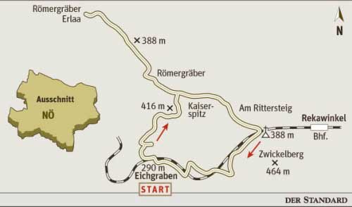 Gesamtgehzeit 4½ Stunden, Höhendifferenz rund 400 Meter. Gasthaus in Rekawinkel. Karte
 im Prospekt "Marktgemeinde Eichgraben", Maßstab 1:25.000; ev. ÖK25V 
Blatt 4330-Ost (Neulengbach) und 5325-West (Preßbaum), Maßstab 1: 25.000