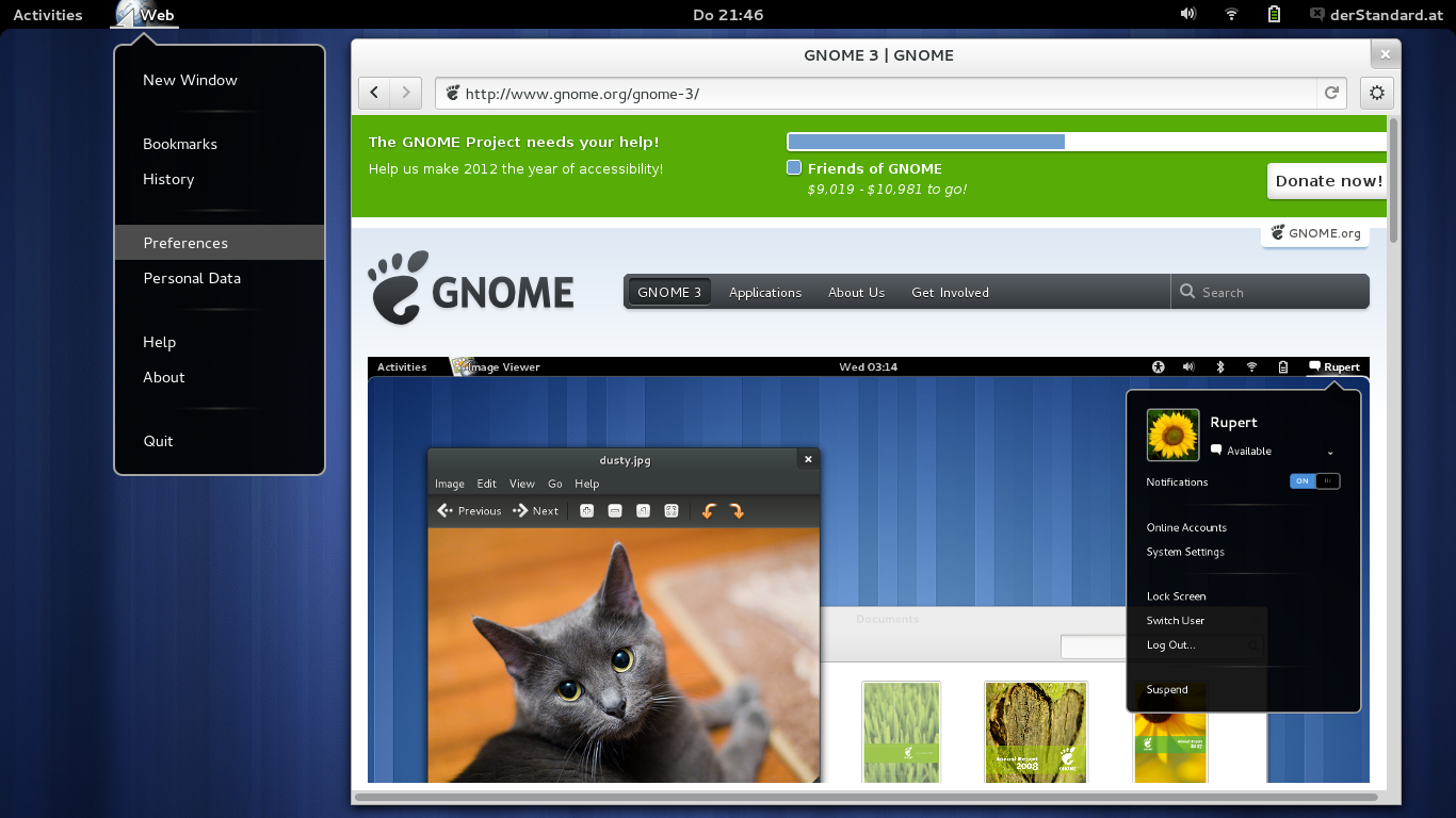 GNOME Web (ehemals: Epiphany) wurde einem vollständigen Redesign unterzogen, das sich ganz an die neuen GNOME3-Anwendungskonzepte hält.