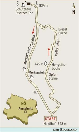 Gesamtgehzeit 3¾ Stunden, Höhendifferenz rund 550 Meter. Schutzhaus Eisernes Tor (Montag, wenn kein Feiertag, geschlossen). ÖK25V Blatt 5201-West (Berndorf), Maßstab 1:25.000; Freytag &amp; Berndt Wienerwald Atlas, Maßstab 1:50.000. 