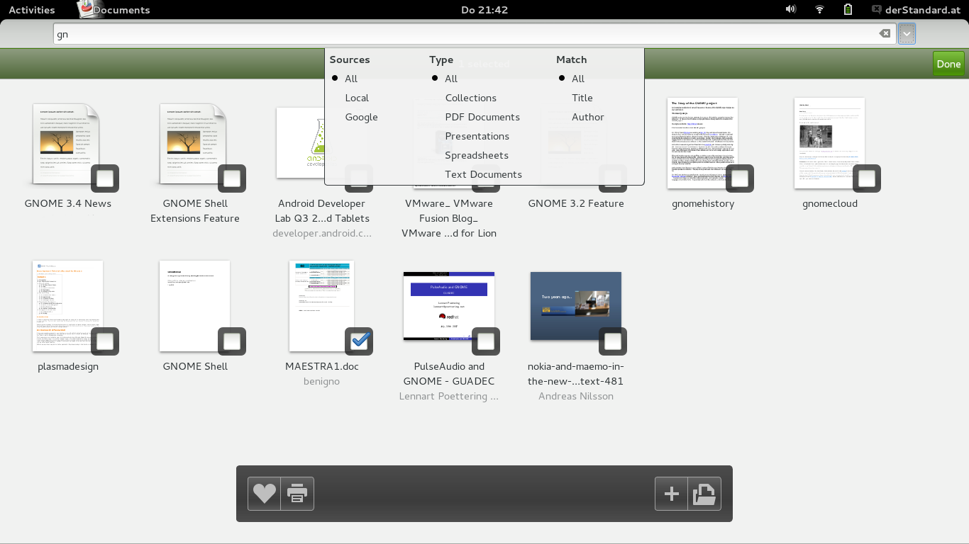 Auch GNOME Documents wurde noch mal überarbeitet, hier der Managementmodus samt aktivierter Suche.