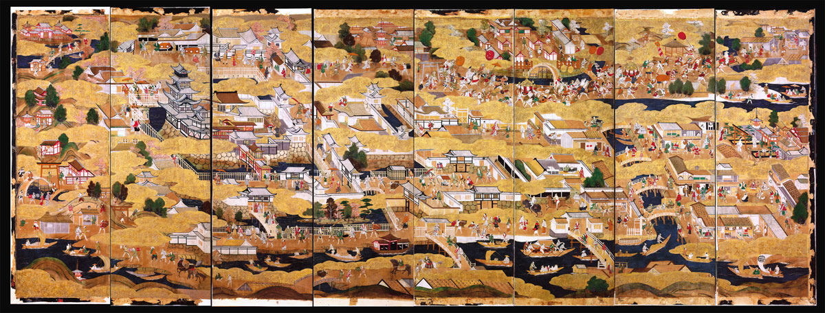 Die acht Bahnen des auf Schloss Eggenberg entdeckten Paravents zeigen Schloss und Stadt Osaka um 1600.