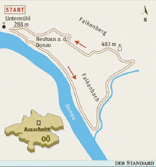 Gesamtgehzeit 3¼ Stunden, Höhendifferenz etwa 250 Meter. Kein Stützpunkt auf der Runde, Gaststätte in Untermühl. ÖK25V Blatt 4313-West (Haslach an der Mühl), Maßstab 1:25.000